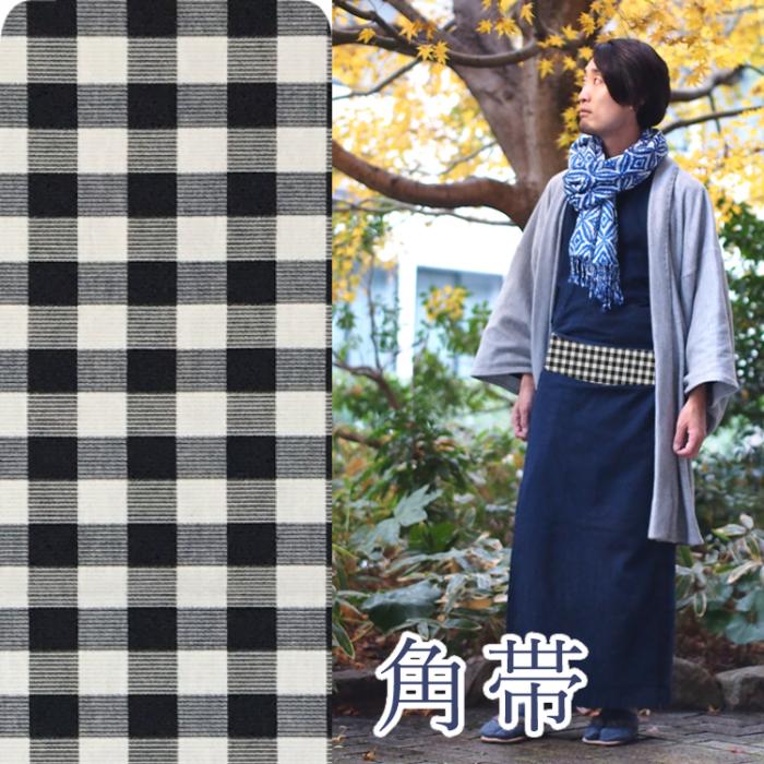 Black thick 1.3cm angle in gingham check white woven Banshu