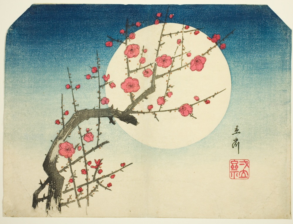 「夏の月と紅梅の枝」