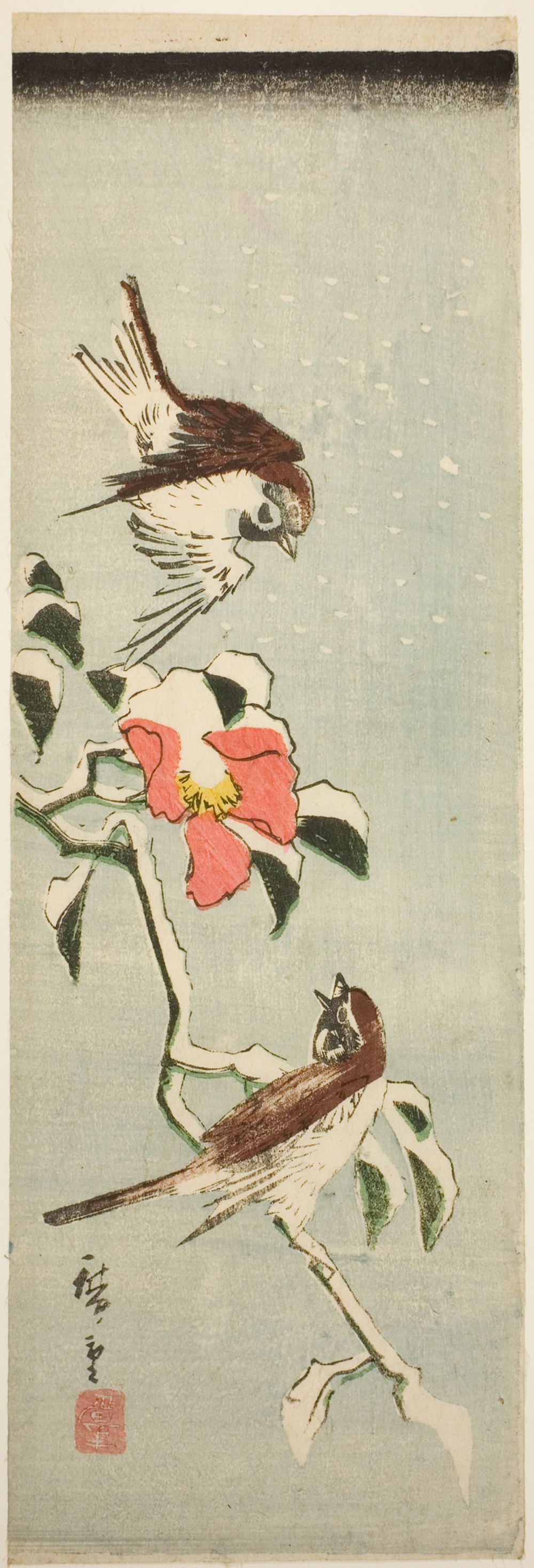 「雪中の雀と椿」