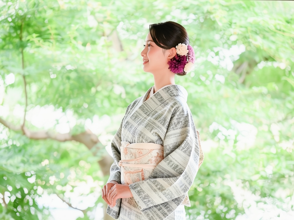 更紗模様織り出し着物（着用イメージ）