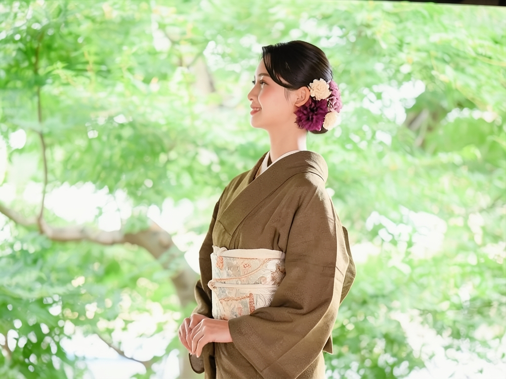 小花模様着物（着用イメージ）