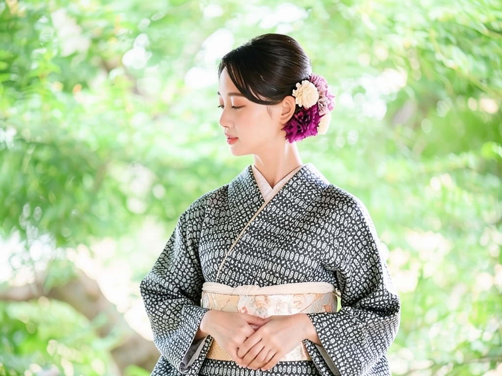 Kinsha geometric kimono with small flower pattern (worn)