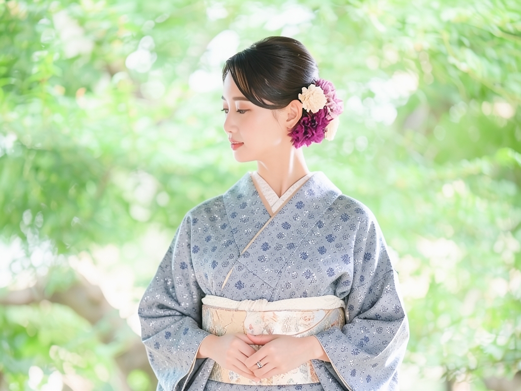 Flower pattern tortoise shell pattern kimono (worn)