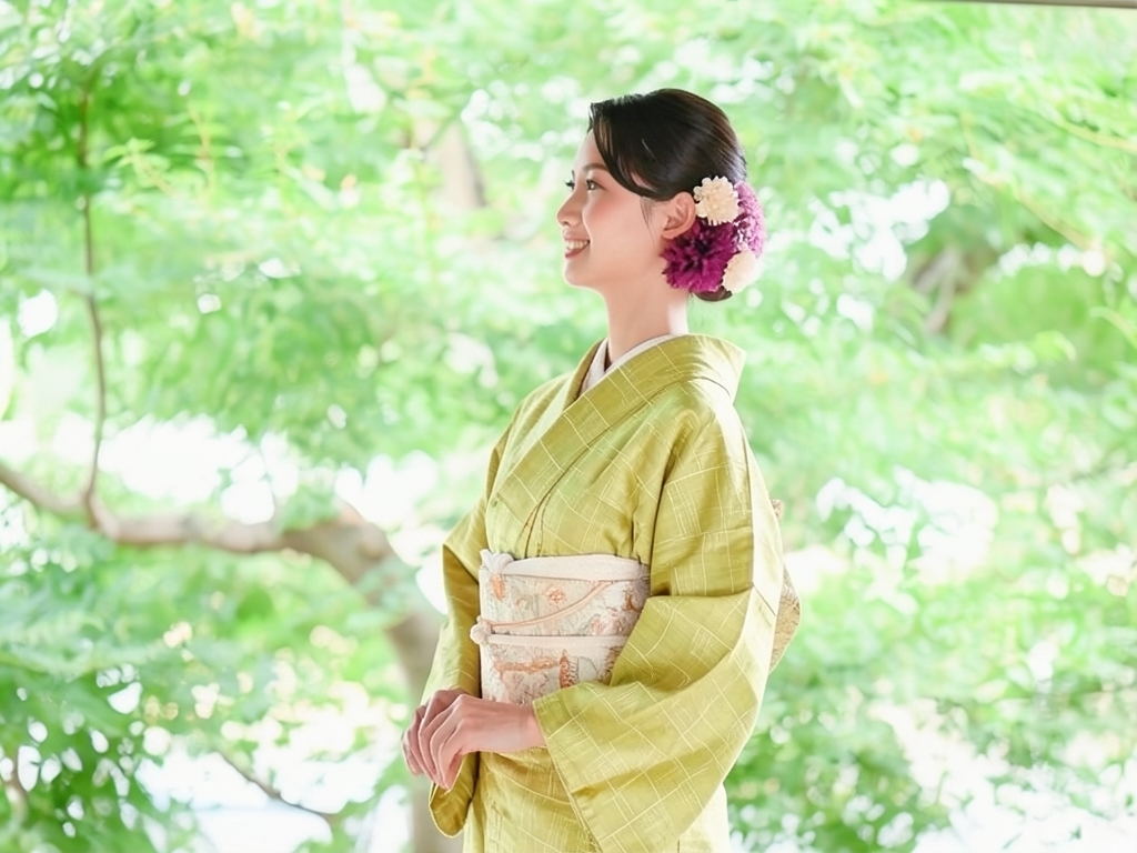 変わり市松模様織り出しお召着物（着用イメージ）