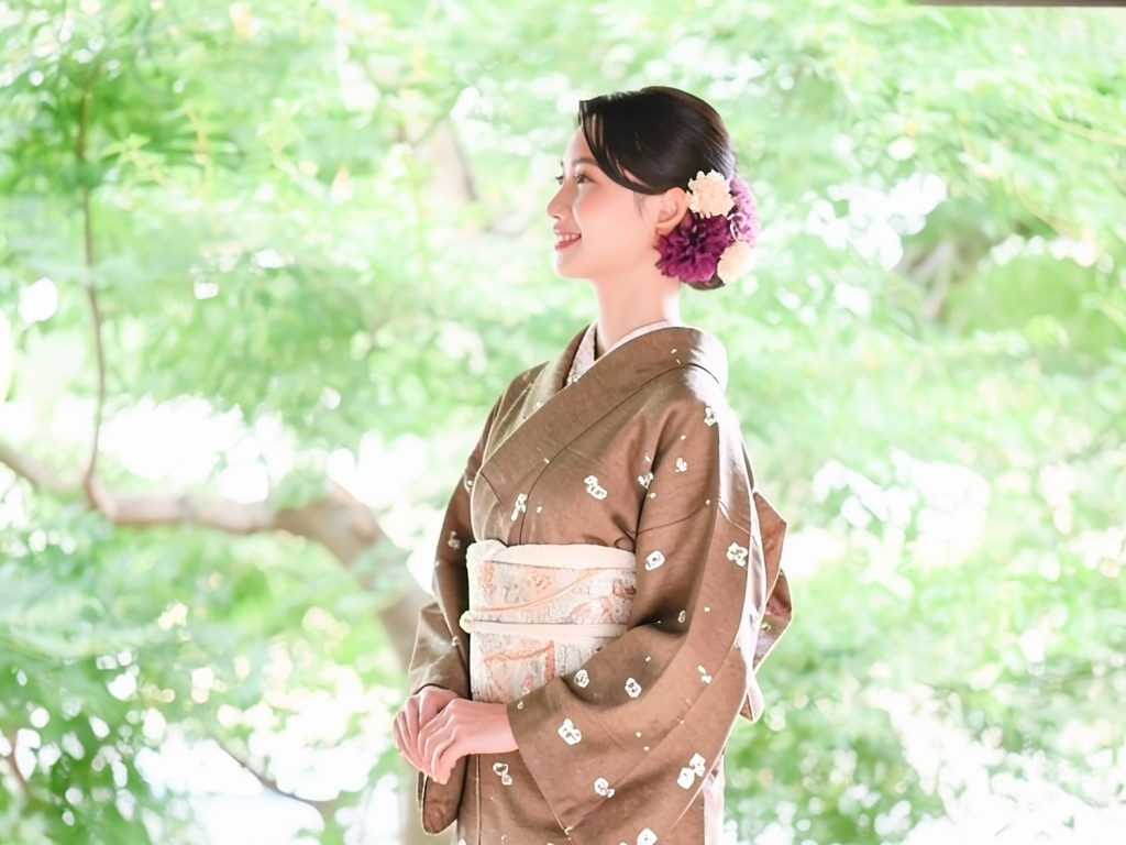 変わり色紙に花唐草模様着物（着用イメージ）