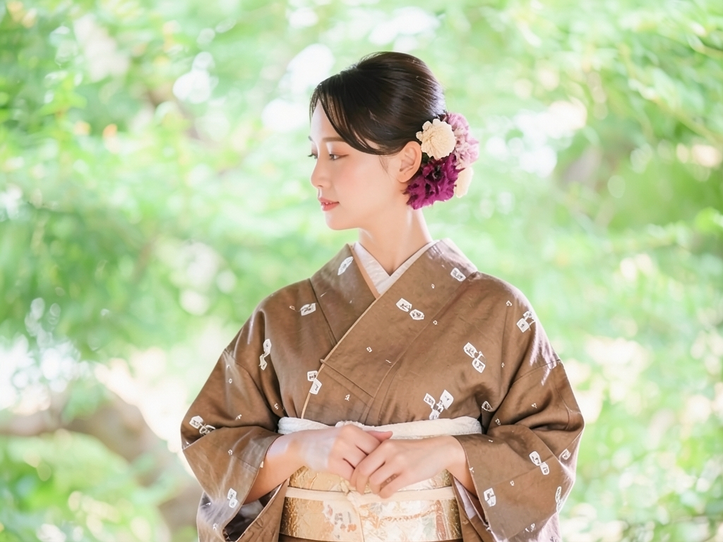 Kimono with floral arabesque pattern on colored paper (worn)