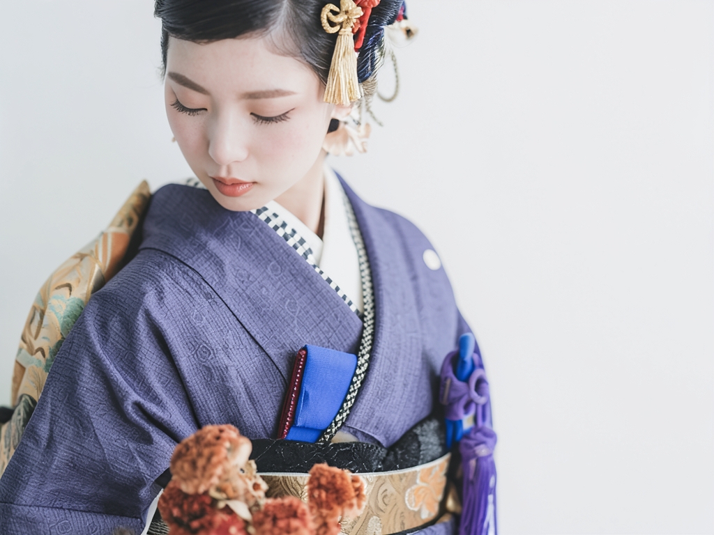 Hand-woven cotton Ojiya pongee kimono with unusual striped pattern (worn)