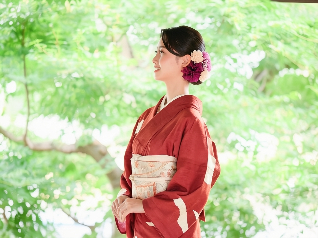 よろけ横段模様織出しお召し単衣着物（着用イメージ）