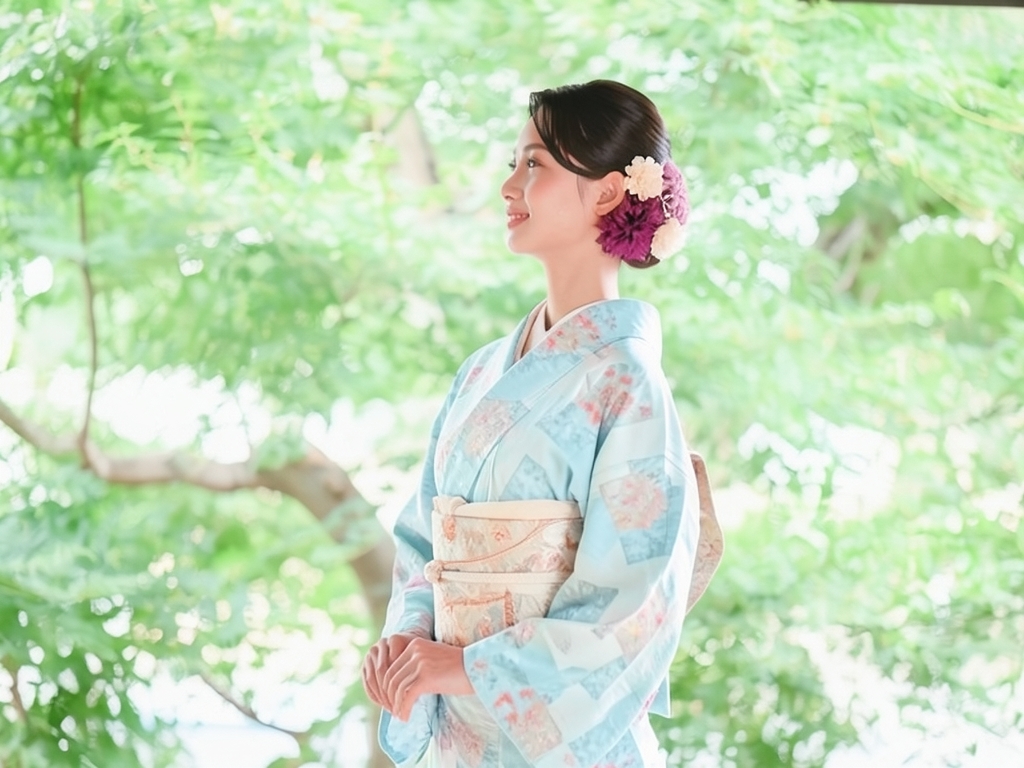 錦紗色紙に橋・荒波模様織り出し漆着物（着用イメージ）