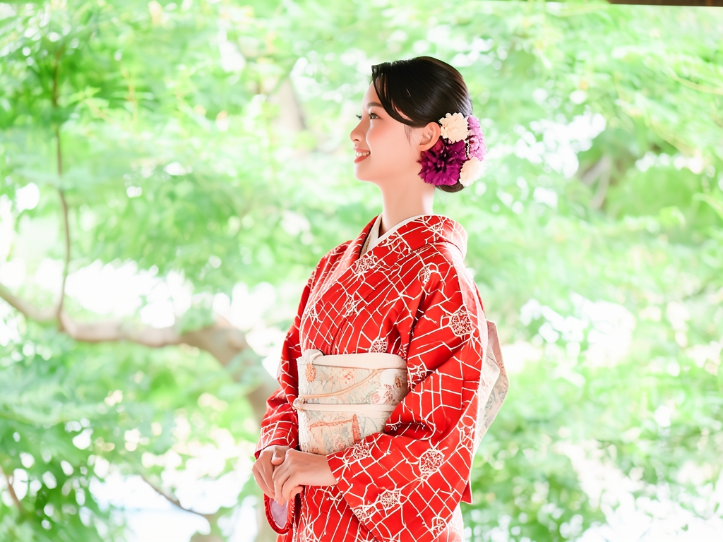 抽象模様織り出しお召着物（着用イメージ）