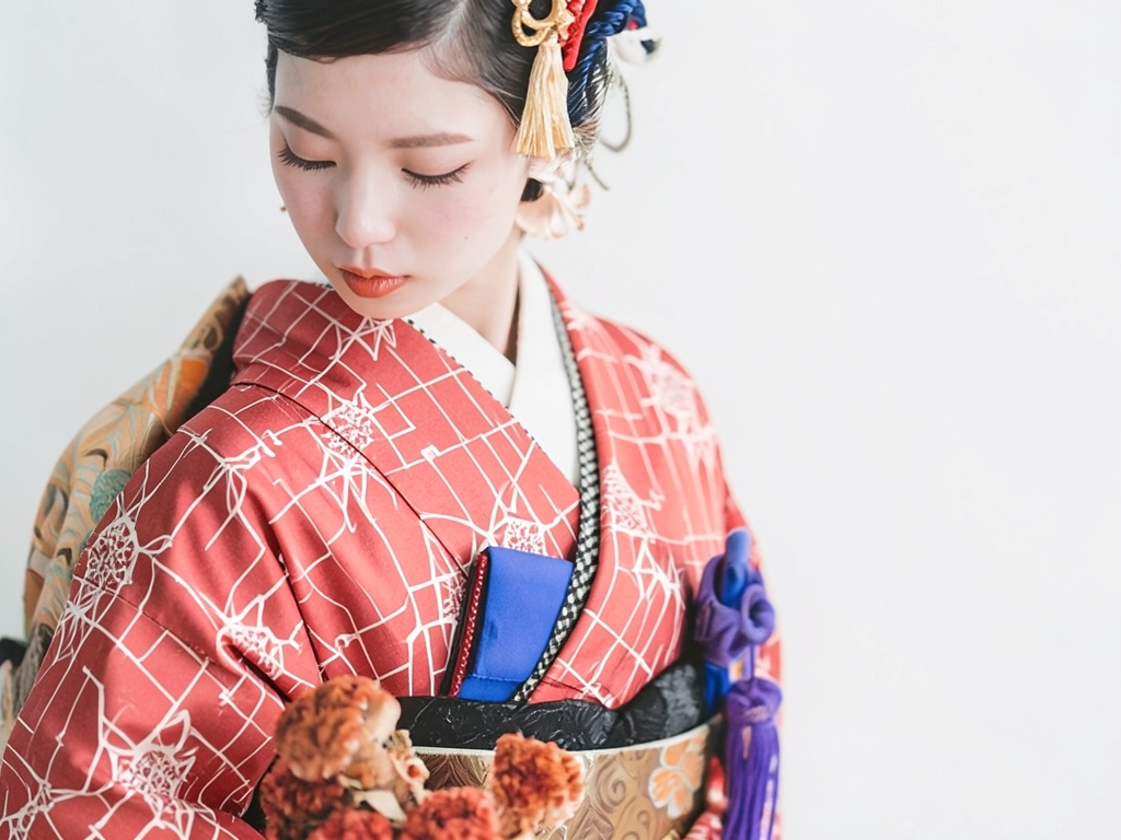抽象模様織り出しお召着物（着用イメージ）