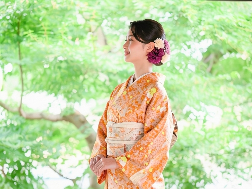 花車模様織り出しお召着物（着用イメージ）