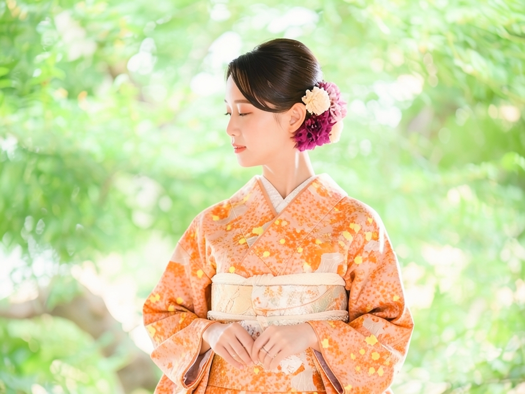 Flower wheel pattern woven kimono (worn)