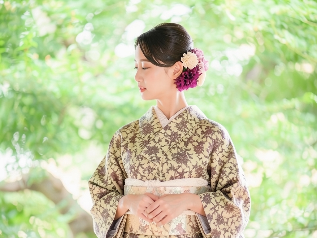 錦紗唐花模様着物（着用イメージ）