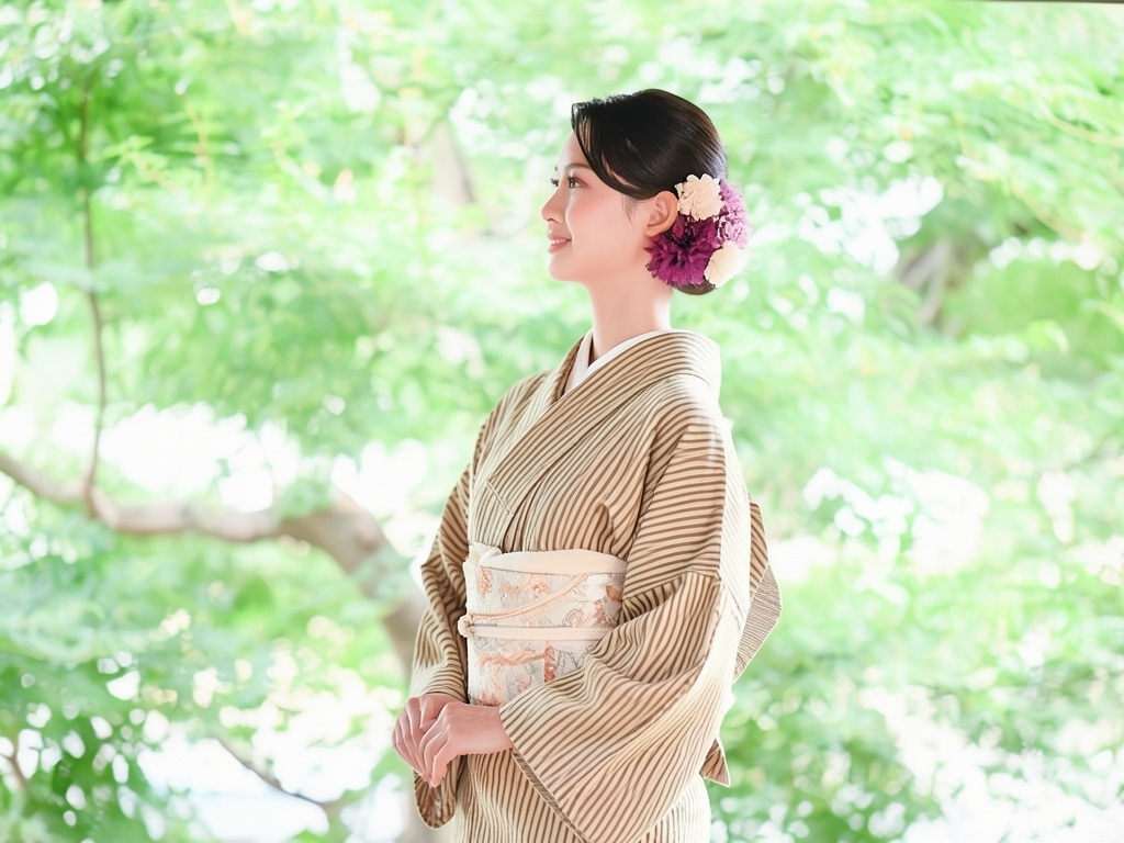 縞織り出し単衣着物（着用イメージ）