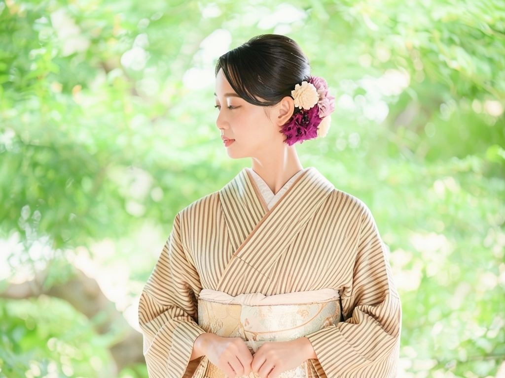 縞織り出し単衣着物（着用イメージ）