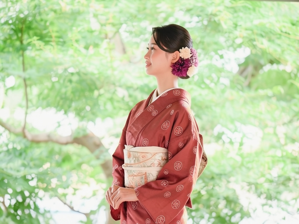 抽象模様織り出しお召着物（着用イメージ）
