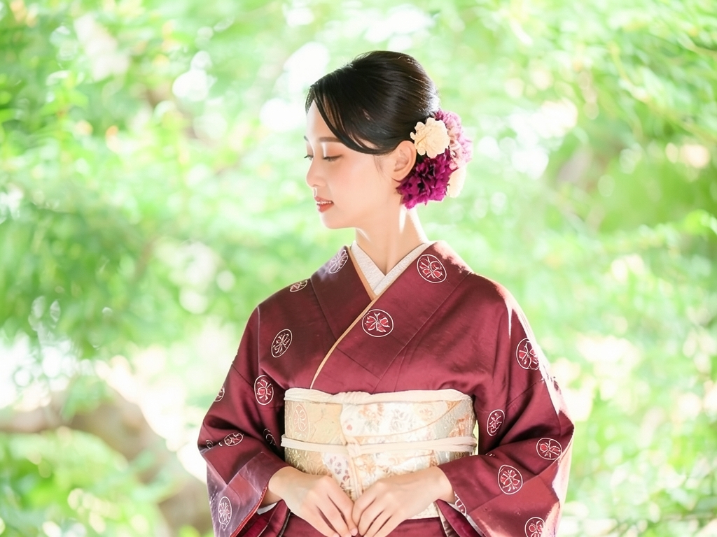 抽象模様織り出しお召着物（着用イメージ）