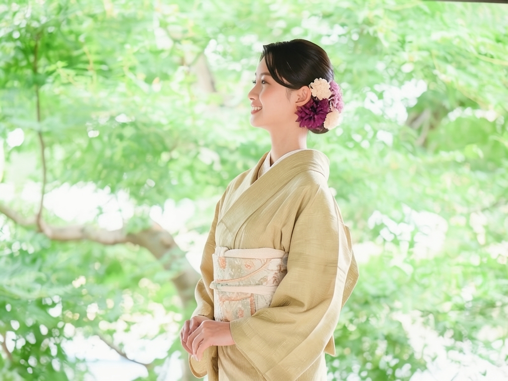 斜め縞模様織り出しお召着物 (worn)