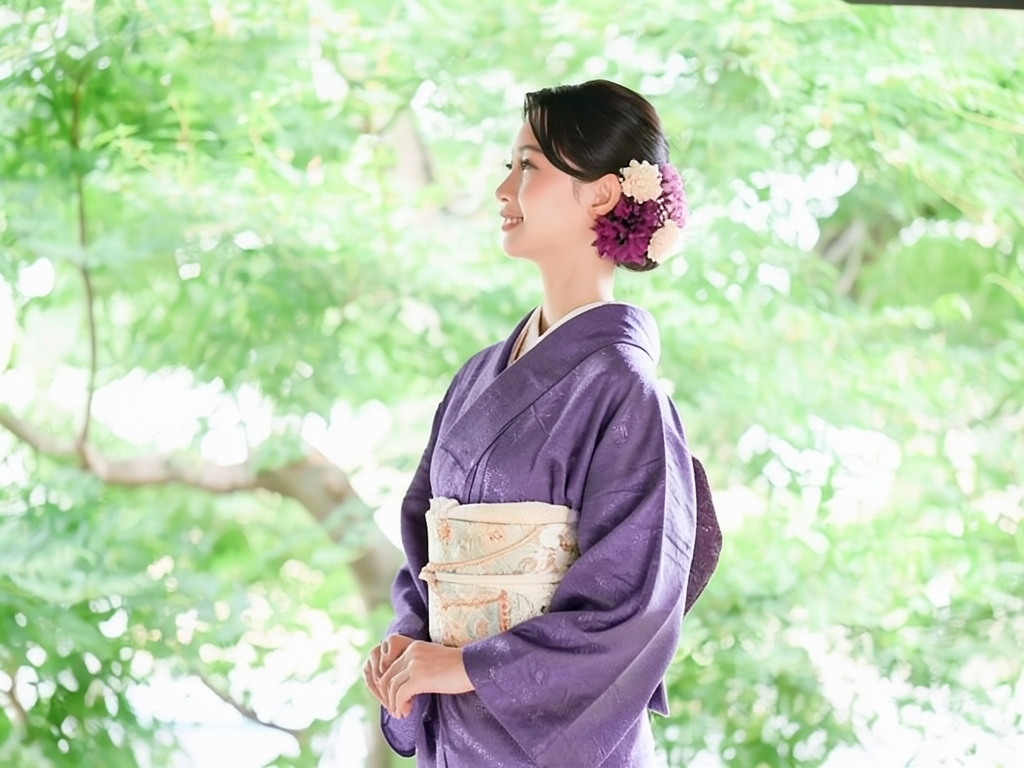 唐草模様織り出し単衣着物 (worn)