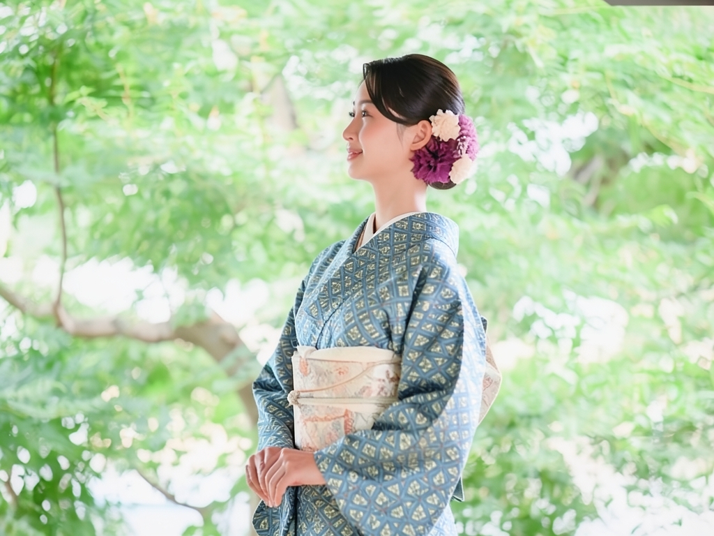 錦紗菱に草花模様着物（着用イメージ）
