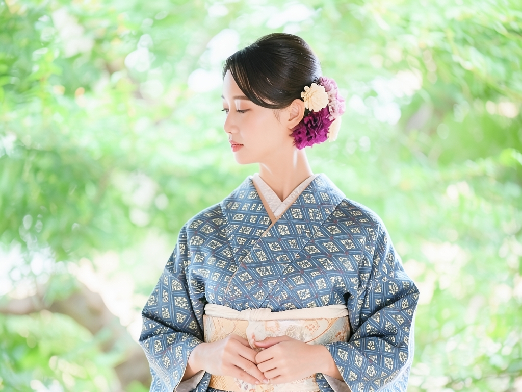 錦紗菱に草花模様着物（着用イメージ）