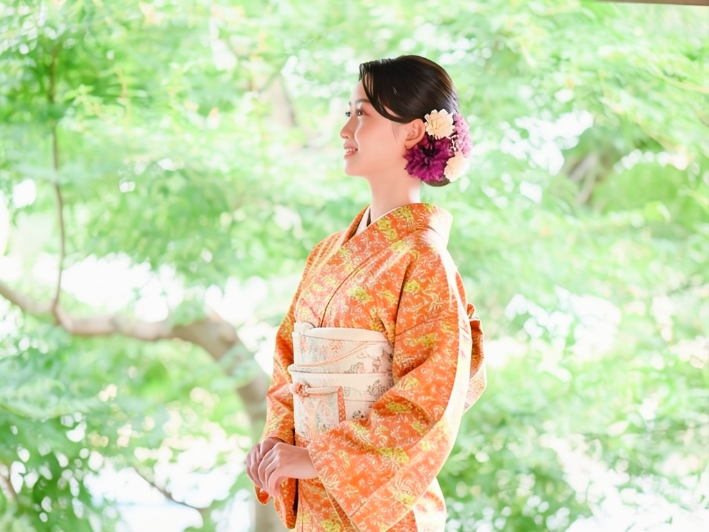 紋錦紗家屋に草花模様着物（着用イメージ）