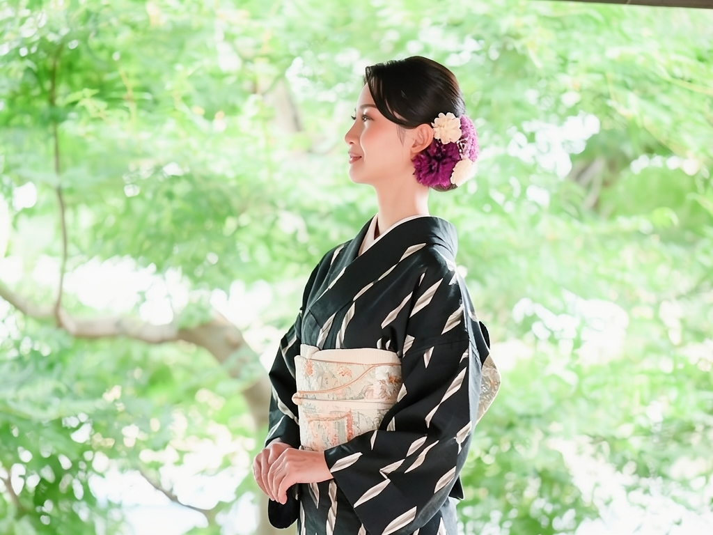 抽象模様織出しお召単衣着物（着用イメージ）