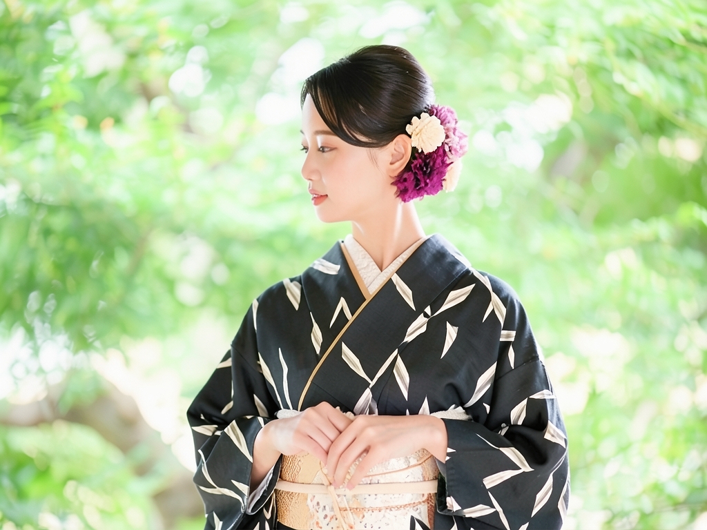 抽象模様織出しお召単衣着物（着用イメージ）