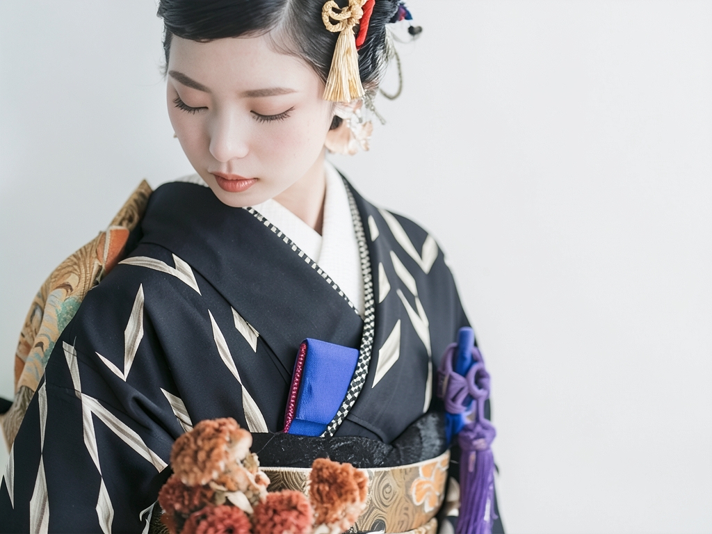 抽象模様織出しお召単衣着物（着用イメージ）