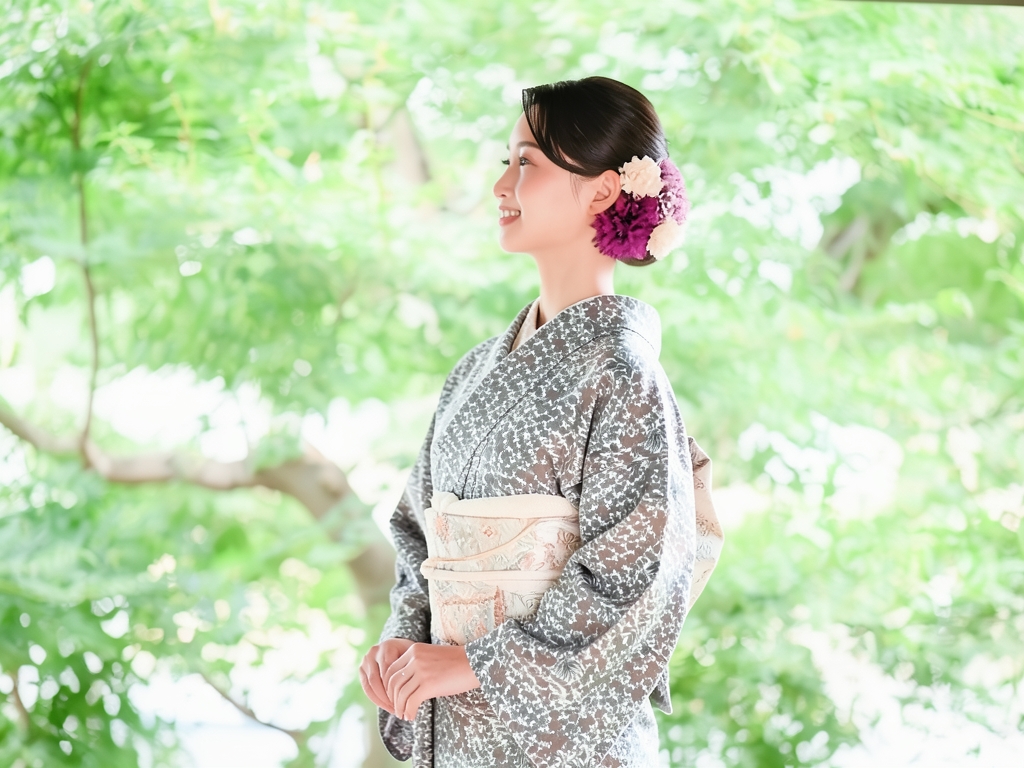 紋錦紗流水に松草花模様着物（着用イメージ）