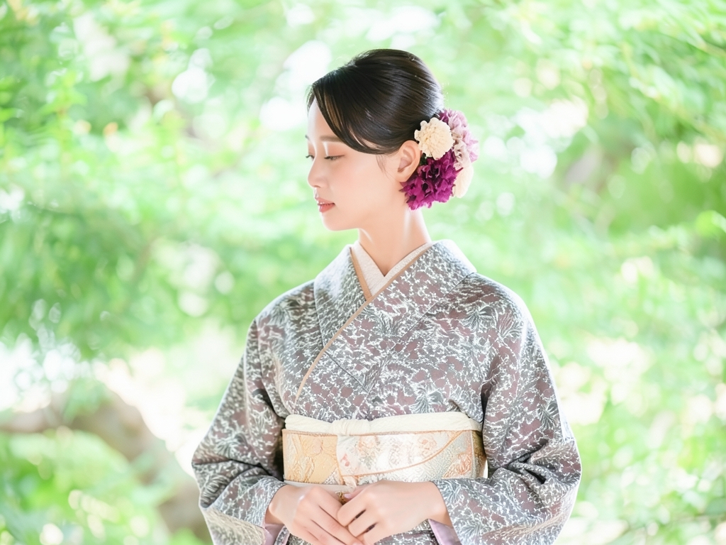 紋錦紗流水に松草花模様着物