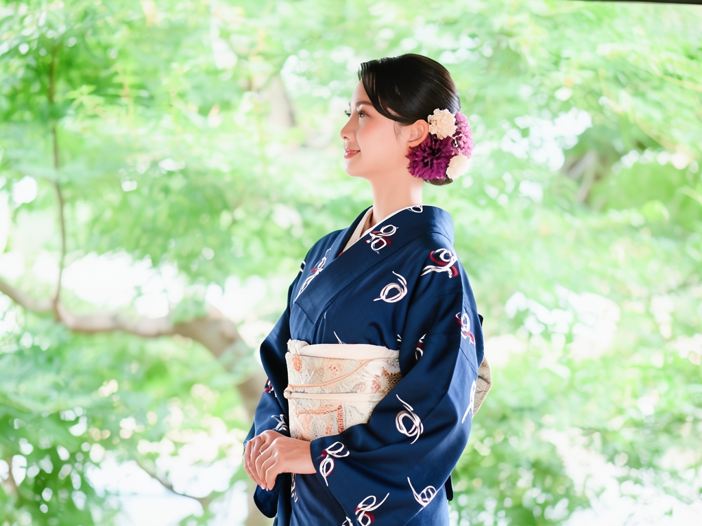 線描き模様織り出しお召着物（着用イメージ）