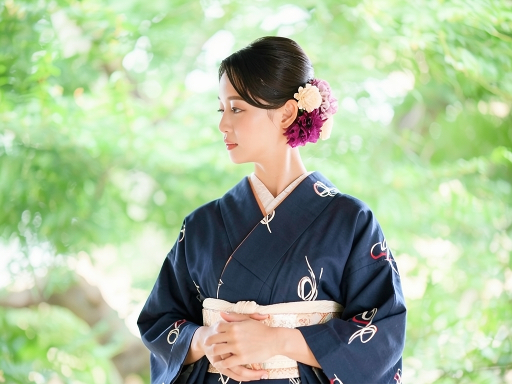 線描き模様織り出しお召着物（着用イメージ）