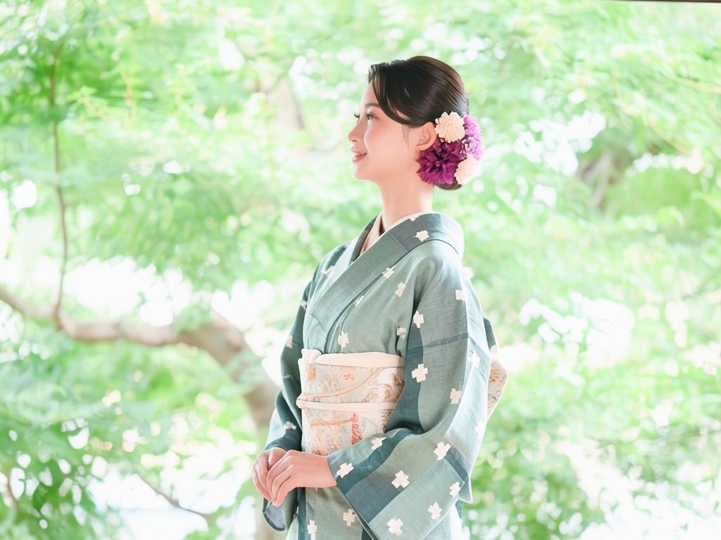 十字模様織り出しお召着物（着用イメージ）