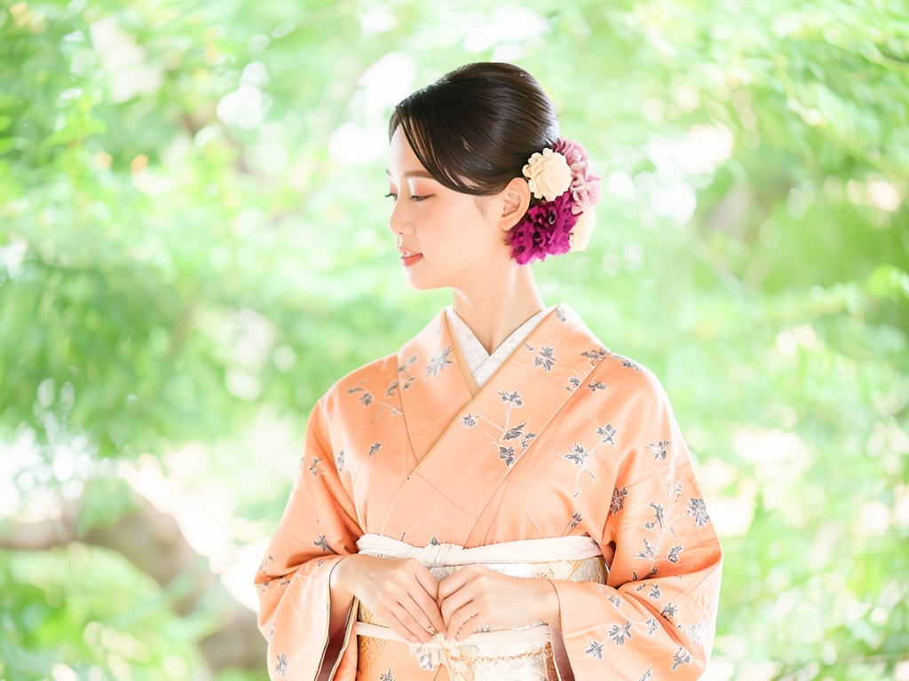 枝花模様着物（着用イメージ）