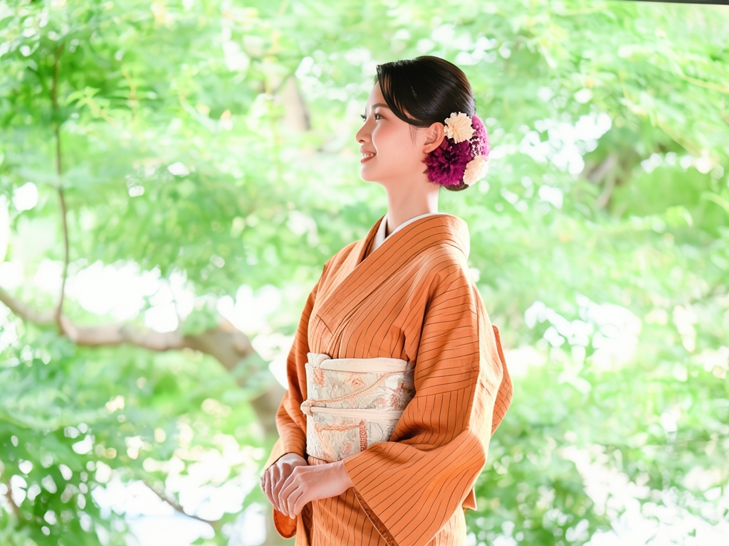 縞織り出しお召着物（着用イメージ）