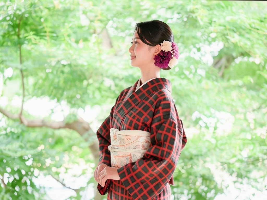 格子織り出しお召着物（着用イメージ）