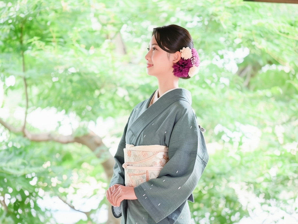 抽象模様織り出し夏お召着物（着用イメージ）