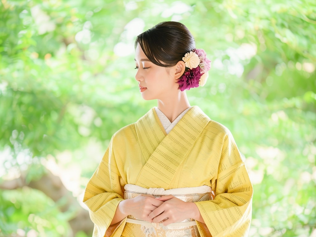 A kimono with a kasuri pattern woven on the horizontal tier (worn)