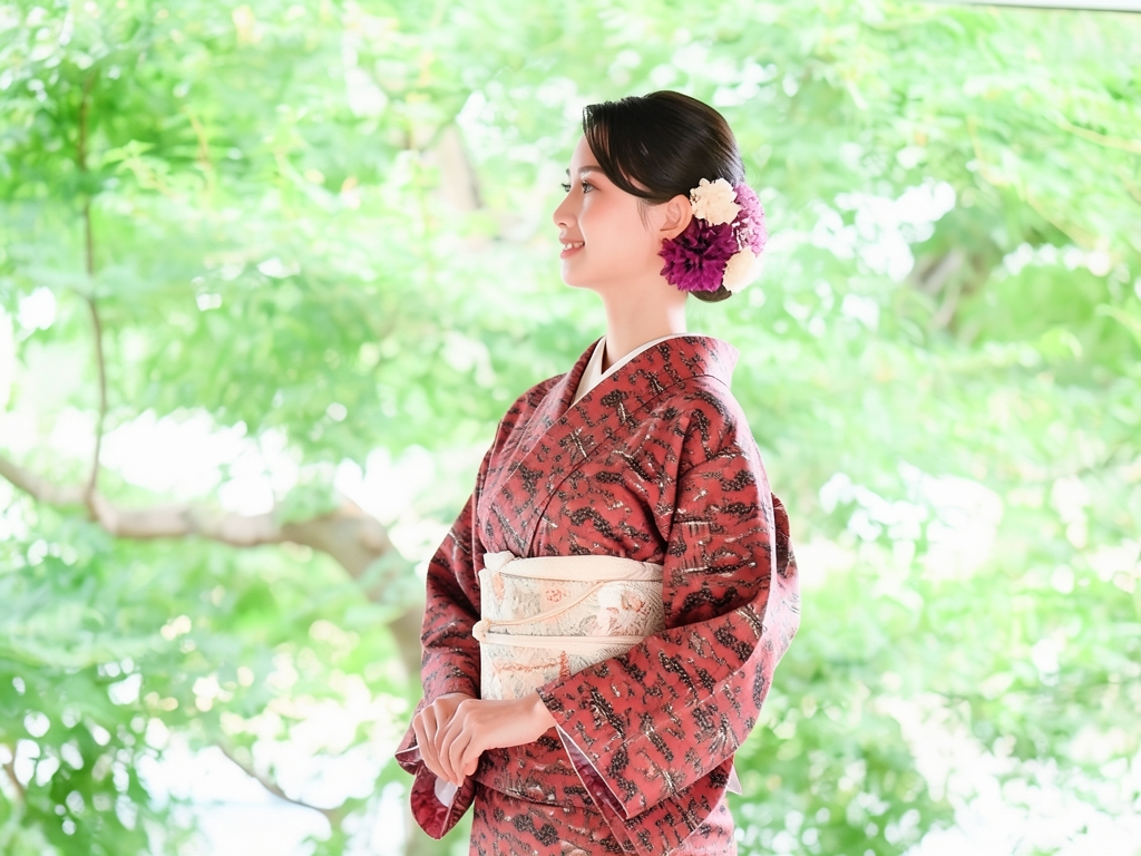 紋錦紗 流水に花・松竹梅模様着物（着用イメージ）