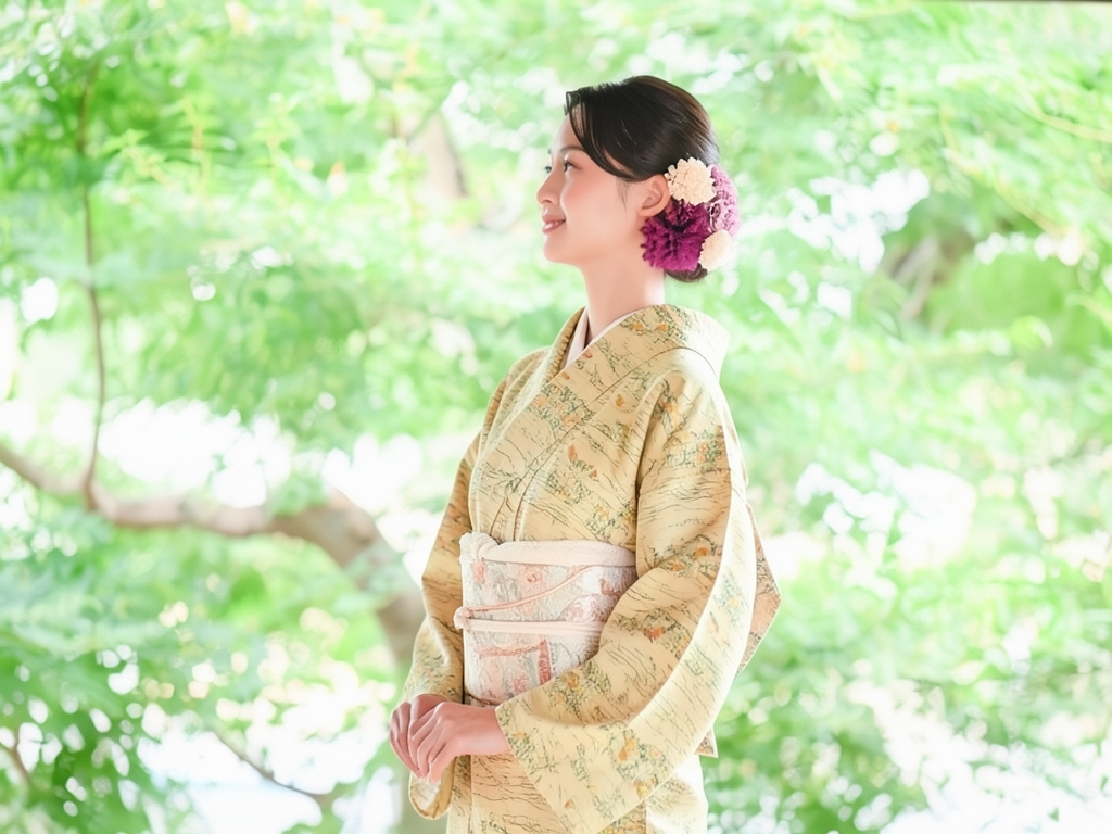 型染家屋に時代人物模様小紋着物