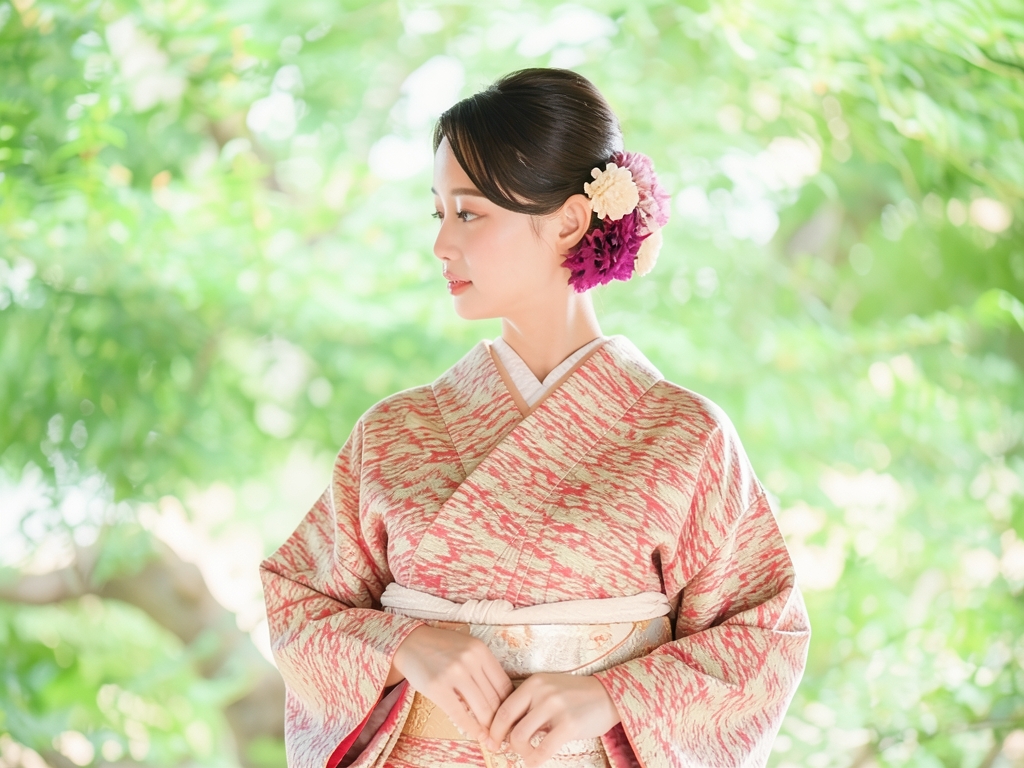 家屋に樹木模様着物（着用イメージ）