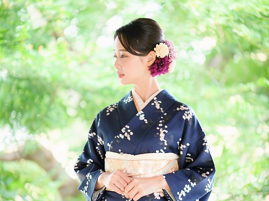 菊模様織出しお召し着物（着用イメージ）