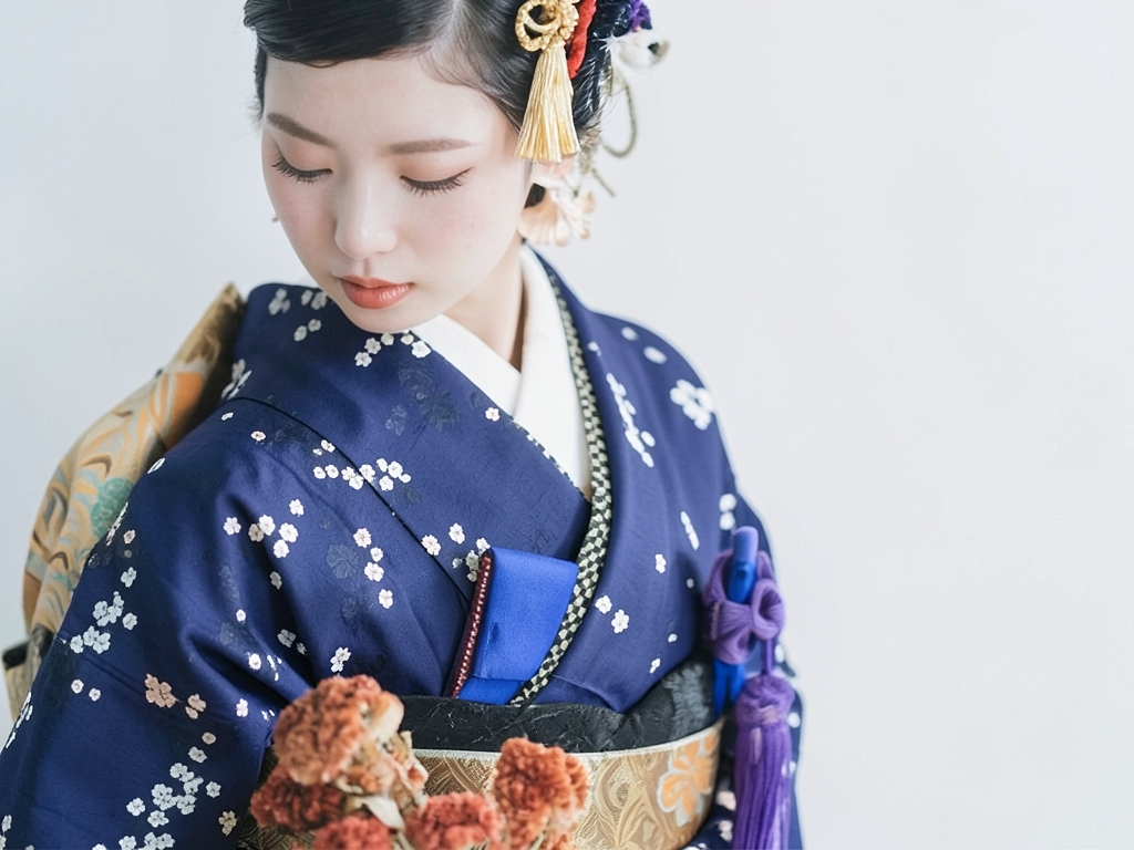 菊模様織出しお召し着物（着用イメージ）