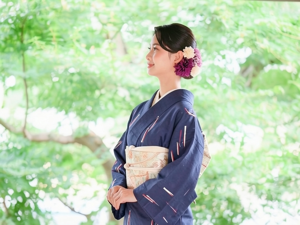 抽象模様織出しお召し着物（着用イメージ）