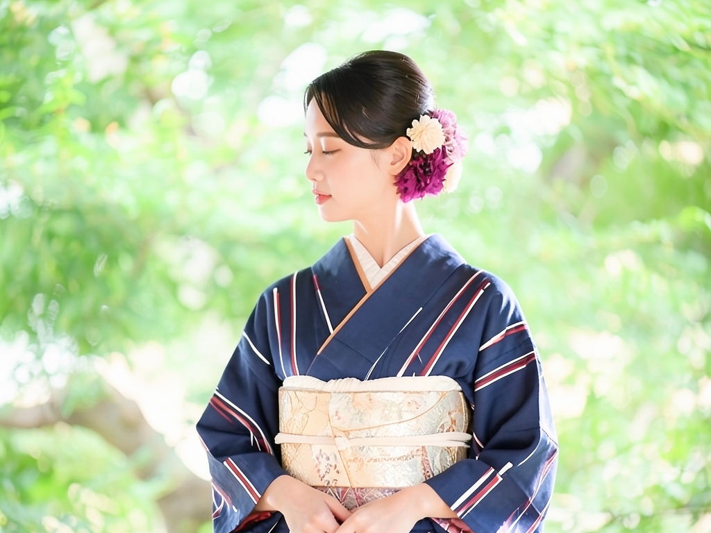 抽象模様織出しお召し着物（着用イメージ）
