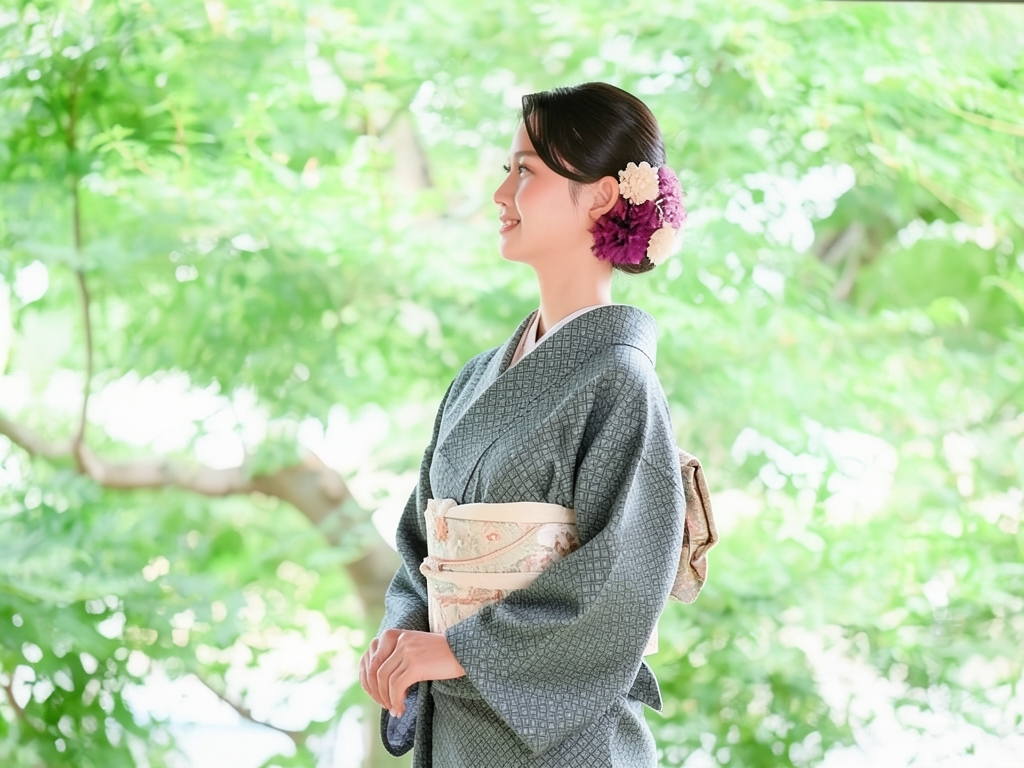 斜め格子に草花模様着物（着用イメージ）