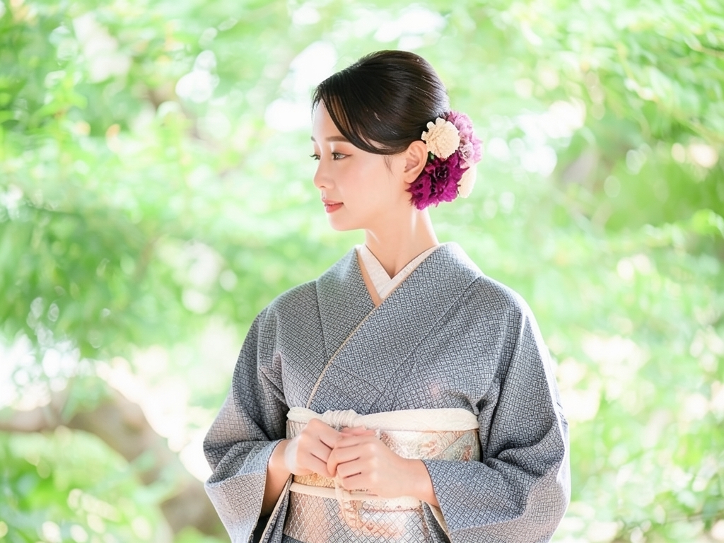 斜め格子に草花模様着物（着用イメージ）