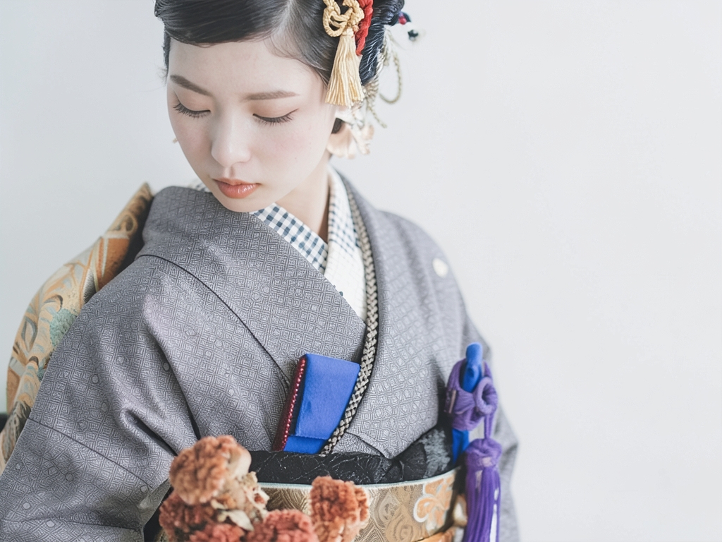 斜め格子に草花模様着物（着用イメージ）